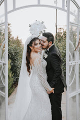 White Wedding Dress Mermaid Off The Shoulder Long Sleeves Beaded Detachable Train Tulle Bridal Gown With Peals