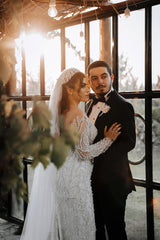 White Wedding Dress Mermaid Off The Shoulder Long Sleeves Beaded Detachable Train Tulle Bridal Gown With Peals