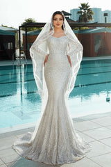 White Wedding Dress Mermaid Square Long Sleeves Sequined Lace Sweep Train Long Tulle Bridal Gown
