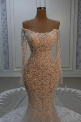 White Wedding Dress Mermaid Strapless Beaded Off The Shoulder Long Sleeve Chapel Train Lace Bridal Gown
