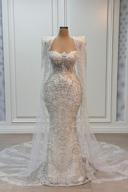 White Wedding Dress Mermaid Strapless Sleeveless Beaded Watteau Train Tulle Bridal Gown With Pearls