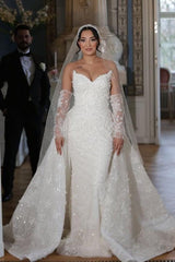 White Wedding Dress Mermaid Strapless Sleeveless Lace Sequined Long Bridal Gown With Detachable Train