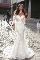 White Wedding Dress Mermaid Sweetheart High Neck Long Sleeves Sweep Train Tulle Bridal Gown With Appliques