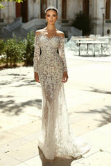 White Wedding Dress Mermaid Sweetheart Off The Shoulder Long Sleeves Detachable Panel Train Lace Bridal Gown
