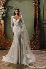 White Wedding Dress Mermaid V Neck Long Sleeves Beaded Sweep Train Lace Bridal Gown