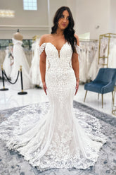 White Wedding Dress Mermaid V Neck Off The Shoulder Lace Cathedral Train Bridal Gown With Appliques