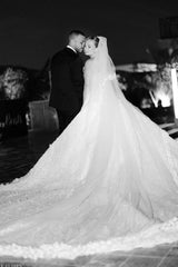 White Wedding Dress Strapless Beaded Ball Gown Sleeveless Cathedral Train Tulle Bridal Gown With Appliques