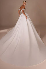 White Wedding Dress Strapless Beaded Off The Shoulder Long Panel Train Satin Bridal Gown With Rhinestones
