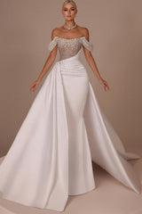 White Wedding Dress Strapless Beaded Off The Shoulder Long Panel Train Satin Bridal Gown With Rhinestones