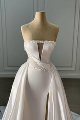 White Wedding Dress Strapless Sleeveless Beaded Panel Train Ruffle Long Satin Bridal Gown With Slit