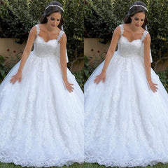 White Wedding Dress Tulle Lace Appliques Ball Gown Bridal Dress