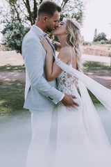 White Wedding Dress V Neck Lace Mermaid Spaghetti Strap Off The Shoulder Cap Sleeves Long Bridal Gown