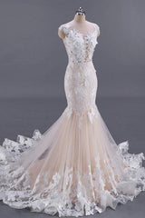 White and Champagne Tulle Lace Appliques Mermaid Bridal Dress