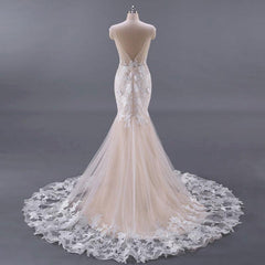 White and Champagne Tulle Lace Appliques Mermaid Bridal Dress