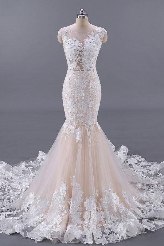 White and Champagne Tulle Lace Appliques Mermaid Bridal Dress