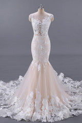 White and Champagne Tulle Lace Appliques Mermaid Bridal Dress