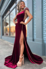 Wine Velvet Formal Dress Beaded One Shoulder Long Party Cocktail Dress