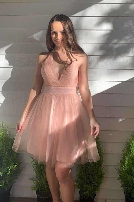 Winifred Homecoming Dress Pretty A Line Blush Deep V neck Tulle Short Party Cocktail Dress