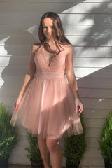 Winifred Homecoming Dress Pretty A Line Blush Deep V neck Tulle Short Party Cocktail Dress