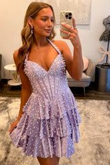 Dressystars Sweetheart Beaded Corset Satin Short Homecoming Dresses with Slit