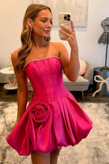 Dressystars Strapless Rose Accent Satin Mini Short Homecoming Dresses