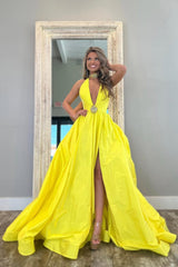 Yellow A-Line Long Satin Prom Dress With Deep V-Neck And Beading Formal Evening Gown