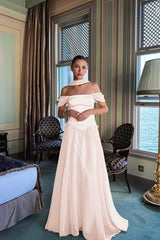 Yellow A Line Prom Dress Cap Sleeve Off the Shoulder Formal Dress