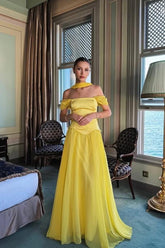 Yellow A Line Prom Dress Cap Sleeve Off the Shoulder Formal Dress