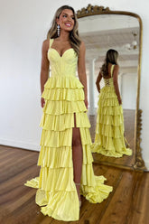 Yellow A Line Prom Dress With Lace Up Back Tiered Skirt And Leg Slit Formal Evening Gown