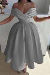 Yellow Ball Gown Prom Dress Cap Sleeve Off the Shoulder Satin Tea Length Formal Dress