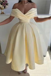 Yellow Ball Gown Prom Dress Cap Sleeve Off the Shoulder Satin Tea Length Formal Dress