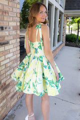 Yellow Floral A Line Homecoming Dresses Satin Short Cocktail Dresses
