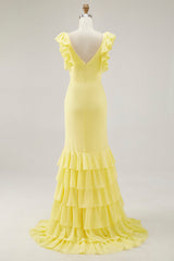 Yellow Formal Dress Chiffon V-Neck Long Mermaid Ruffles Wedding Guest Dress With Slit