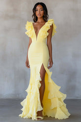 Yellow Formal Dress Chiffon V-Neck Long Mermaid Ruffles Wedding Guest Dress With Slit