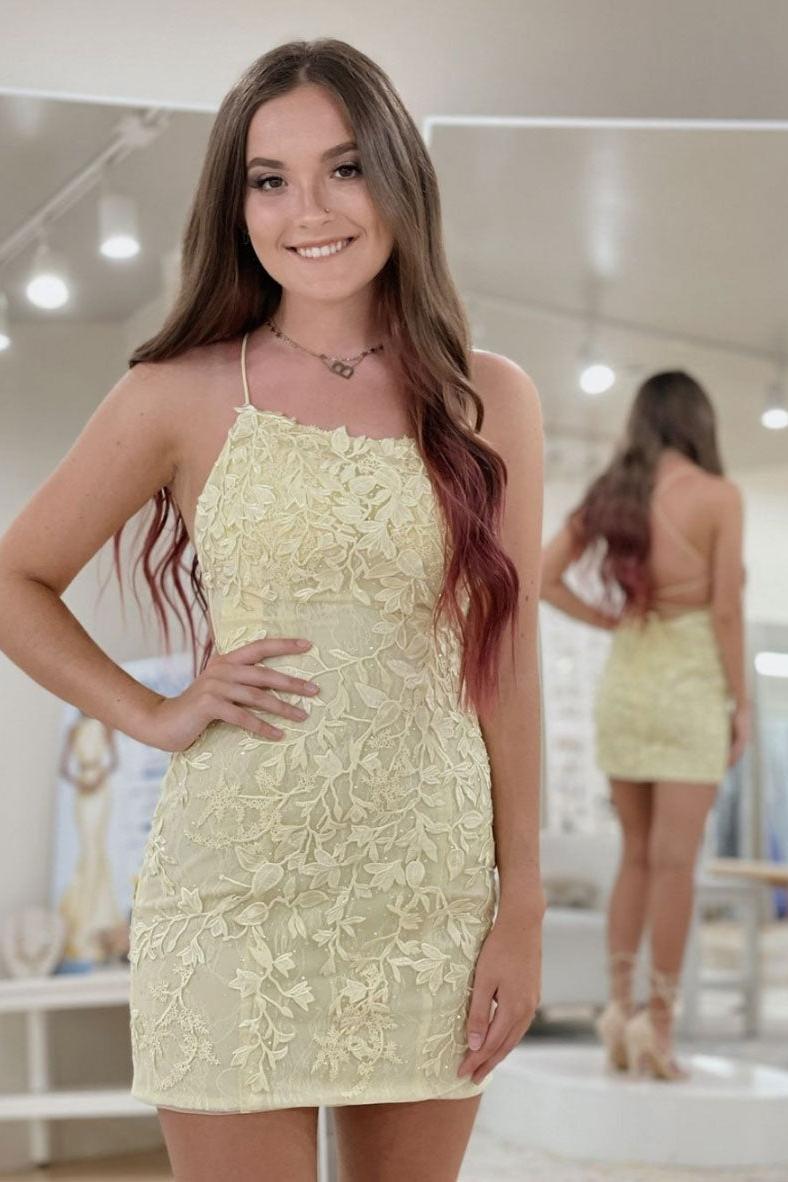 Yellow Homecoming Dress Lace Short Party Cocktail Dress