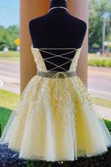 Yellow Homecoming Dress Tulle Lace Short Party Cocktail Dress