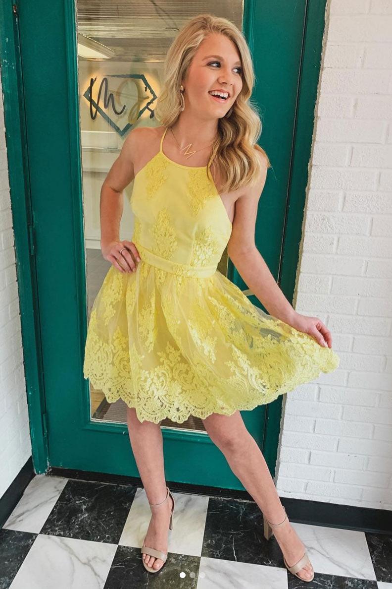 Yellow Homecoming Dress Tulle Lace Short Party Cocktail Dress
