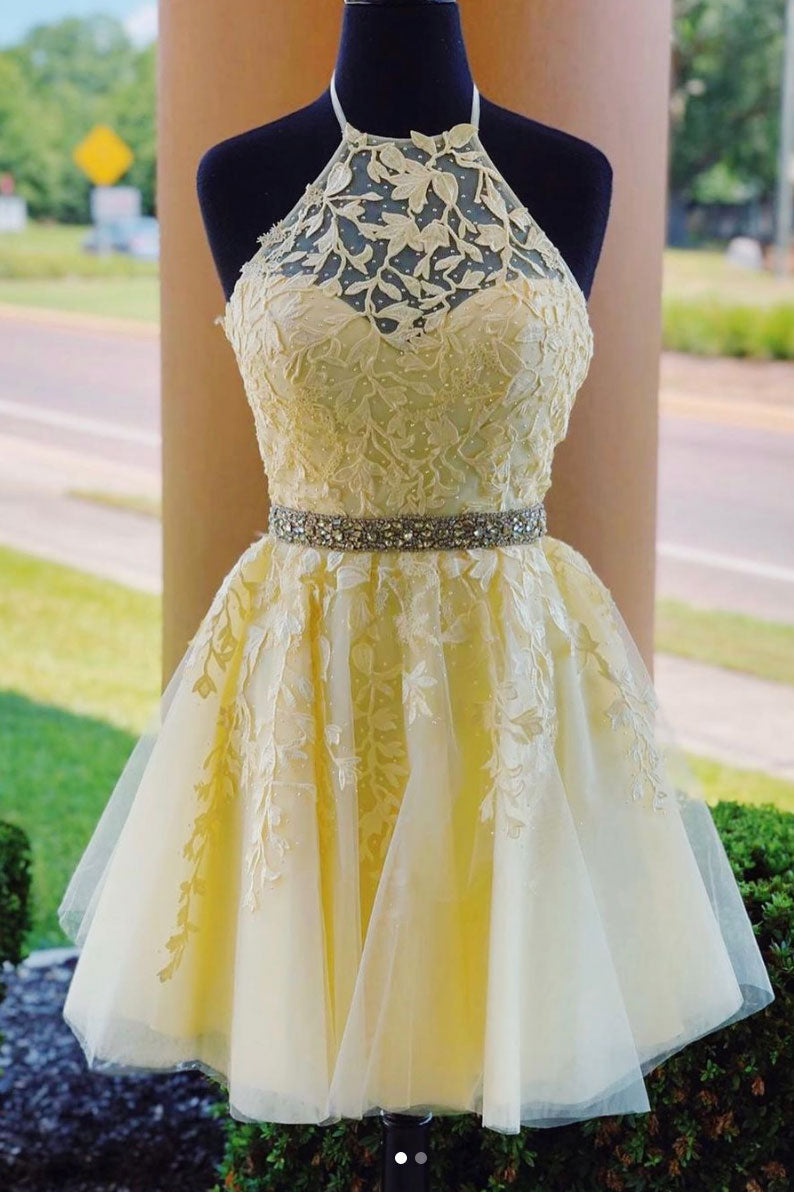 Yellow Homecoming Dress Tulle Lace Short Party Cocktail Dress