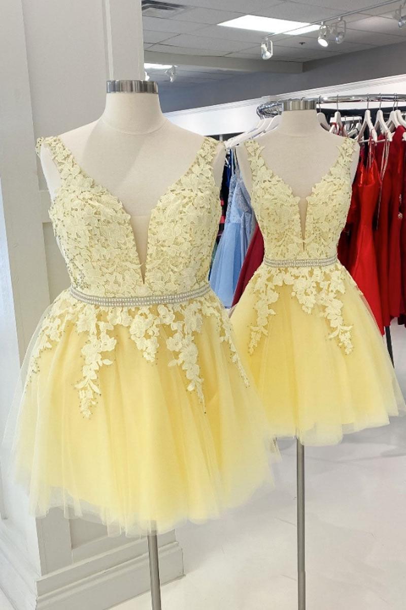Yellow Homecoming Dress V Neck Tulle Lace Short Party Cocktail Dress