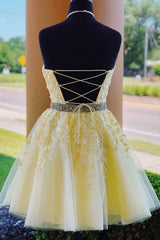 Yellow Homecoming Dresses A Line Halter Backless Cocktail Dresses