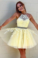 Yellow Homecoming Dresses A Line Halter Backless Cocktail Dresses