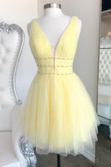 Yellow Homecoming Dresses Beaded Sequin A-Line Short Cocktail Dresses