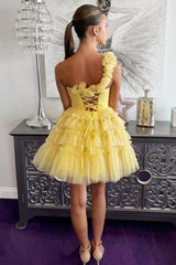 Yellow Homecoming Dresses One Shoulder Ruffled A-Line Short Cocktail Dresses