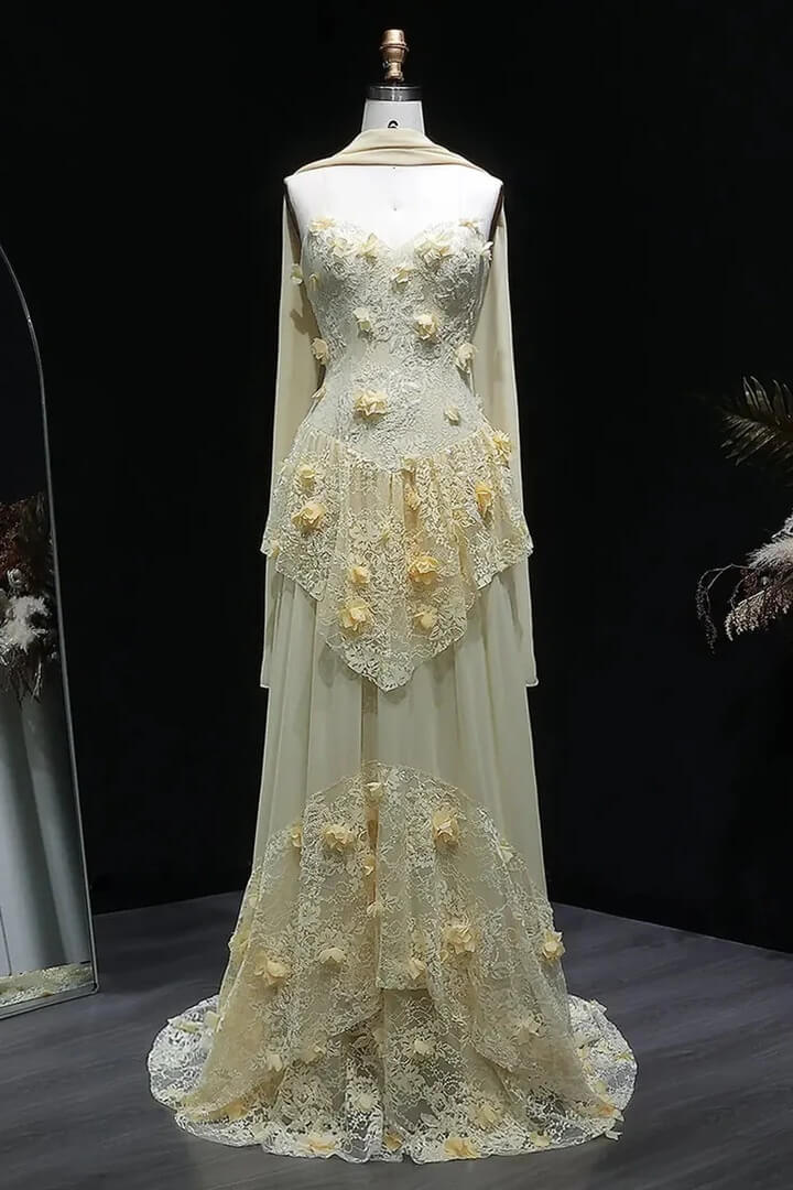 Yellow Lace A Line Prom Dress Sweetheart Lace Appliqued Formal Dress with 3D Flowers