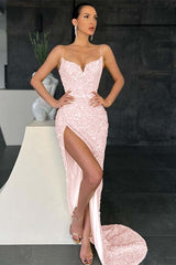 Yellow Mermaid Prom Dress Sleeveless Sequined Spaghetti Straps Formal Dress