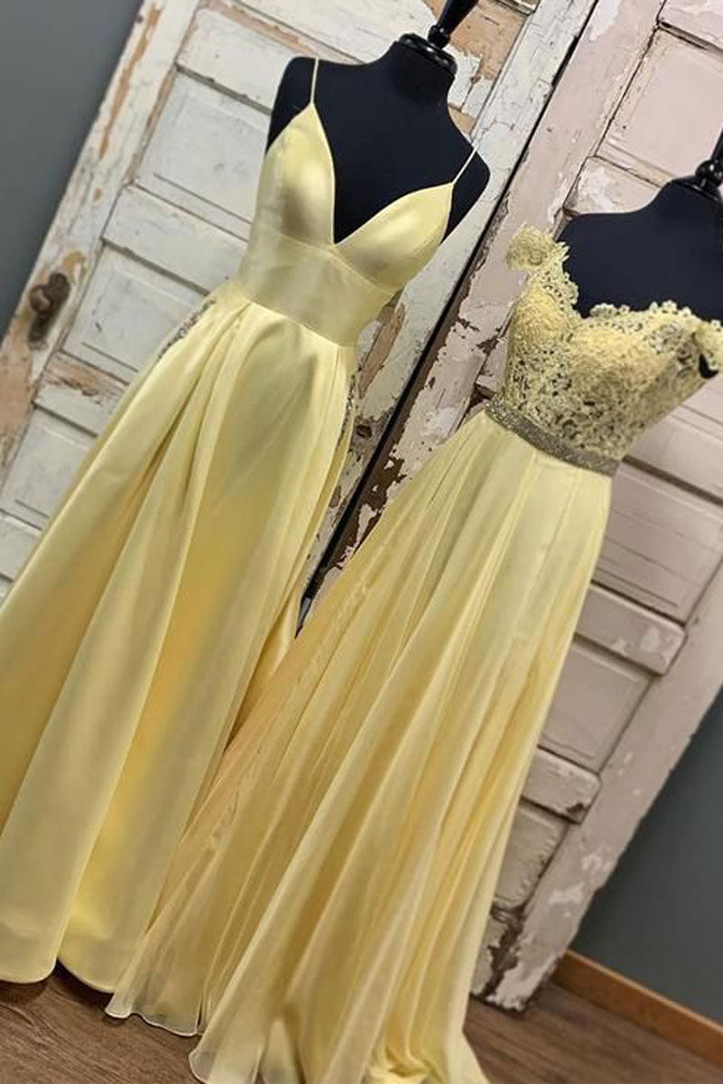 Yellow Prom Dress A Line Long Lace Evening Dress