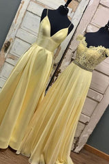 Yellow Prom Dress A Line Long Lace Evening Dress