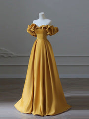 Yellow Prom Dress A Line Satin Long Formal Evening Dress