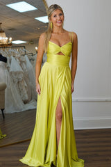 Yellow Prom Dress A Line Spaghetti Straps Evening Dress with Slit