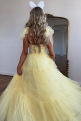 Yellow Prom Dress A Line Spaghetti Straps Tulle Long Evening Dress